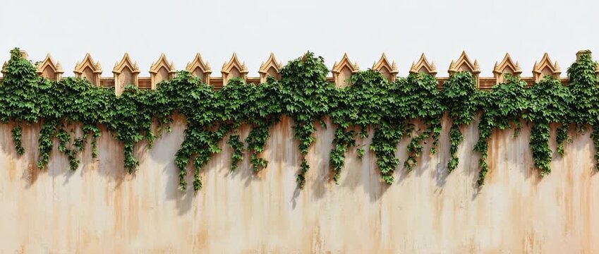 Lush green ivy growing over an ancient textured tan wall with decorative crenellations