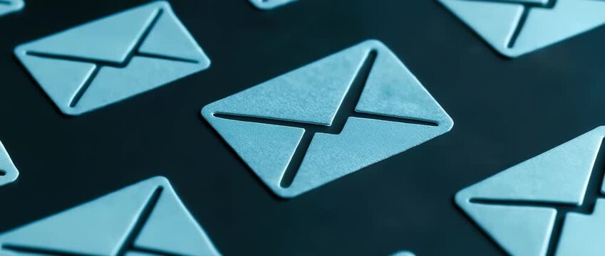 Close up of multiple light blue stylized envelope icons arranged across a dark surface