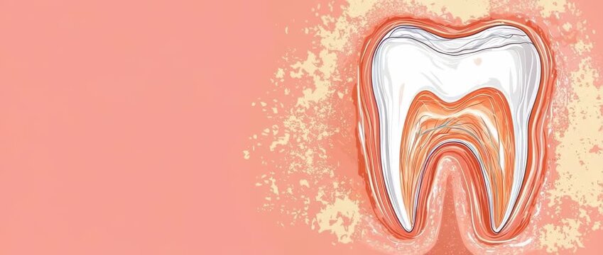 Detailed cross section illustration of a human molar tooth structure with abstract texture