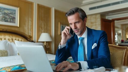 Focused on Success: A focused businessman is engaged in a phone conversation, multitasking by utilizing his laptop in a luxurious setting, the epitome of the modern professional. - Powered by Adobe