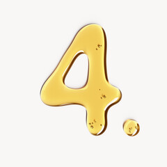 Number four made of cosmetic oil, face serum gel or honey liquid texture. 3d rendering typography element, numeric shape for age anniversary or birthday concept