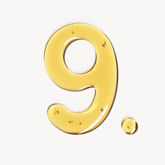 Number nine made of cosmetic oil, face serum gel or honey liquid texture. 3d rendering typography element, numeric shape for age anniversary or birthday concept