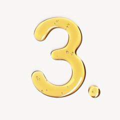 Number three made of cosmetic oil, face serum gel or honey liquid texture. 3d rendering typography element, numeric shape for age anniversary or birthday concept