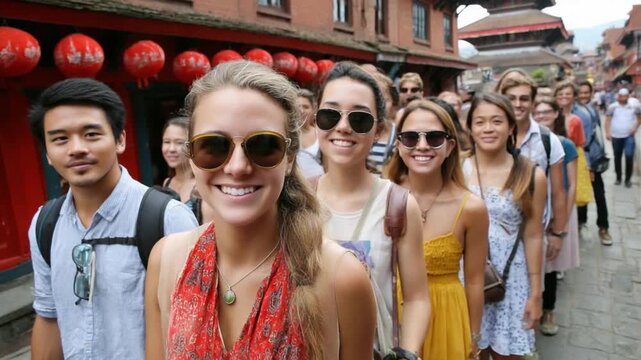 Smiles Amidst History: A vibrant procession of individuals, adorned with sunglasses, strides joyfully down an ancient cobblestone street, each face radiating excitement and curiosity.