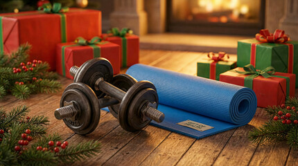 Fitness equipment as Christmas gift with dumbbells and yoga mat by fireplace