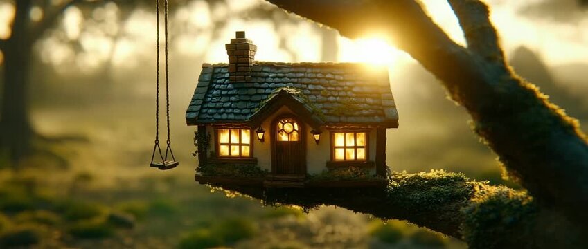 A glowing miniature cottage with a swing hangs precariously on a mossy tree limb