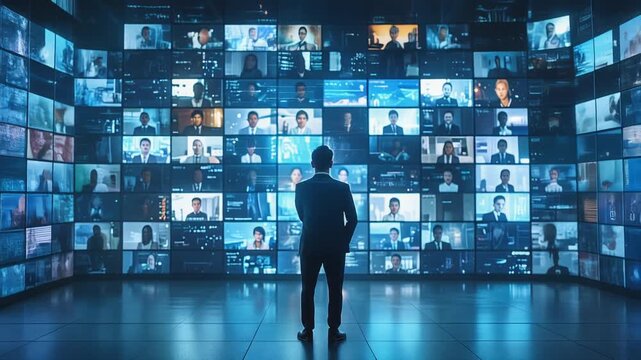 巨大な人物映像ウォールを前に立つ男性が情報管理と監視を行う空間