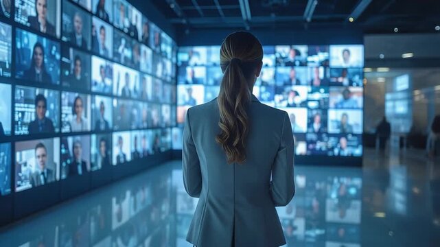 多数の人物映像を映す壁面を見つめる女性が社会構造を把握する場面