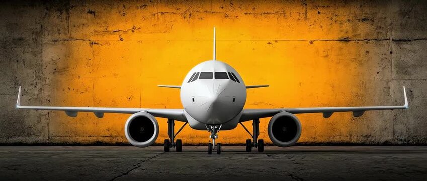 Front view of a modern white passenger airplane parked against a textured orange and gray wall