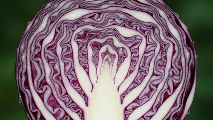 Detailed close-up of a red cabbage cross-section, showcasing its beautiful concentric layers and vibrant colors.