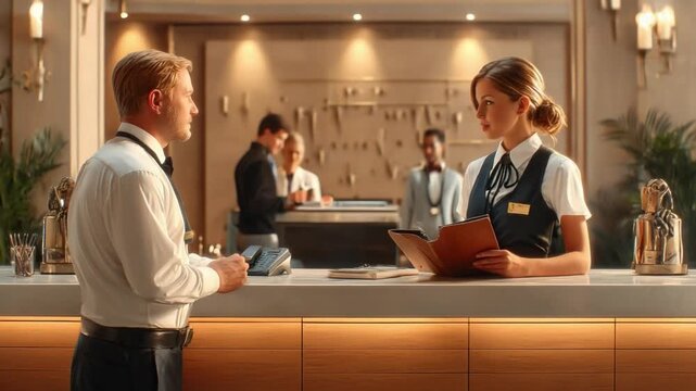 Service with a Smile: A hotel receptionist warmly interacts with a guest, providing exceptional service within the luxurious hotel setting.