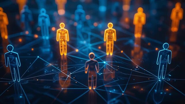 青と橙に輝く人型が結ばれた構図で多様性とつながりを示す未来社会表現
