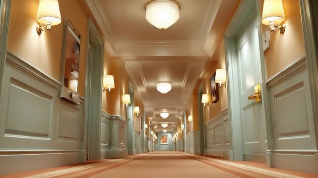 Long Hallway: A symmetric hallway design with soft lighting creates a sense of depth and elegance, leading the eye down its lengthy passage.