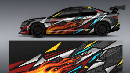 Dynamic sports car with aggressive fiery dragon graphic wrap design.