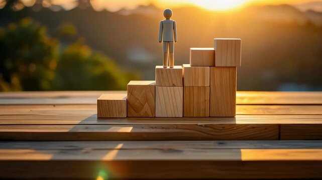 積み木の上に立つ人形が成長と目標達成の段階を象徴する