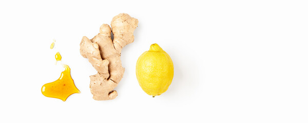Ginger, lemon and honey isolated on white background. Minimalist natural immunity booster composition