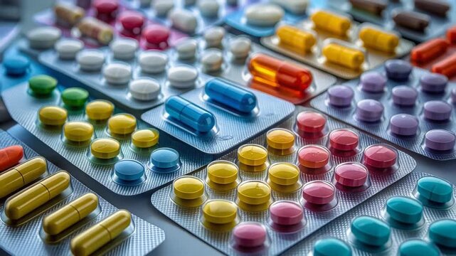 多色の錠剤が整然と並び医薬品の多様性を示す俯瞰構図