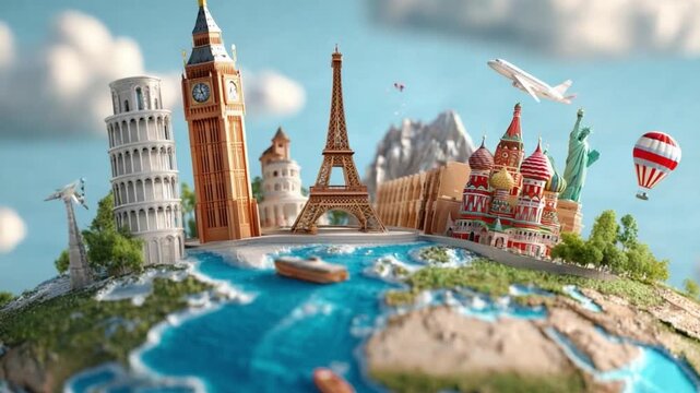 Global Destinations: A whimsical portrayal of the globe showcases iconic landmarks from around the world, inviting viewers to embark on a journey of discovery and adventure.