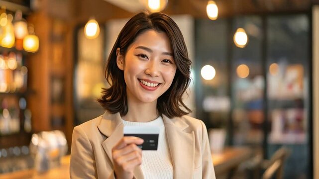 バーでカードを差し出す女性がキャッシュレス決済の場面を示す