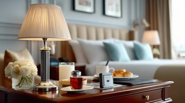 Elegant Bedroom Retreat: A cozy bedroom scene unfolds, featuring a bedside table adorned with a lamp, breakfast essentials, and charming decorative elements, offering a serene atmosphere.