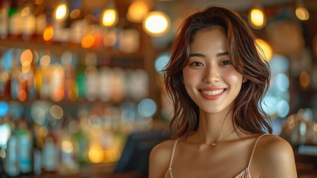バーのカウンターで微笑む女性がリラックスした夜の雰囲気を伝える
