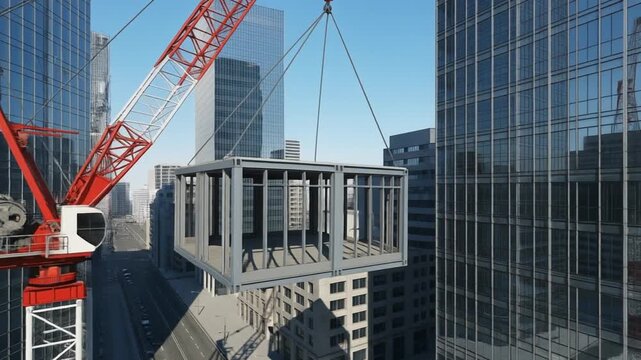 Construction crane lifting modular building unit into place among urban skyscrapers on a clear day