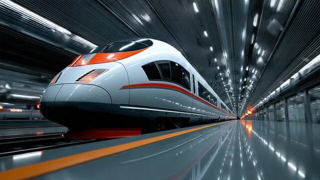 Modern Train in Motion: A sleek, high-speed train races through a futuristic tunnel, its streamlined design and vibrant lighting creating a sense of rapid transit and technological advancement. 