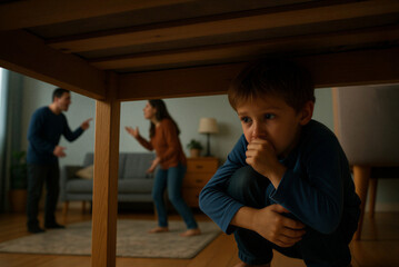 Scared child hiding under the table while parents argue in a dimly lit room 