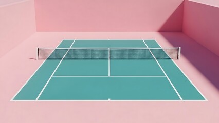 Isometric View of a Bright Teal and White Badminton Court with Net in Pink Room
