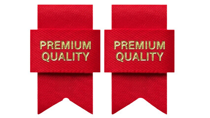 Red fabric labels displaying premium quality text in glittering golden text, signifying excellence, ribbon banner with premium quality typography for sale, high quality premium quality tag png photo