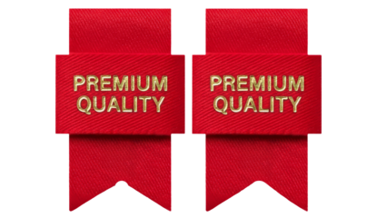 Red fabric labels displaying premium quality text in glittering golden text, signifying excellence, ribbon banner with premium quality typography for sale, high quality premium quality tag png photo