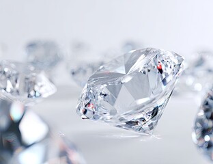 Sparkling, cut diamonds on a white surface, shallow depth of field