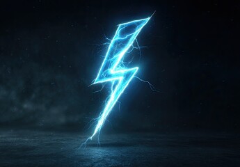 Glowing blue lightning bolt hovers on a textured, dark surface, with sparks