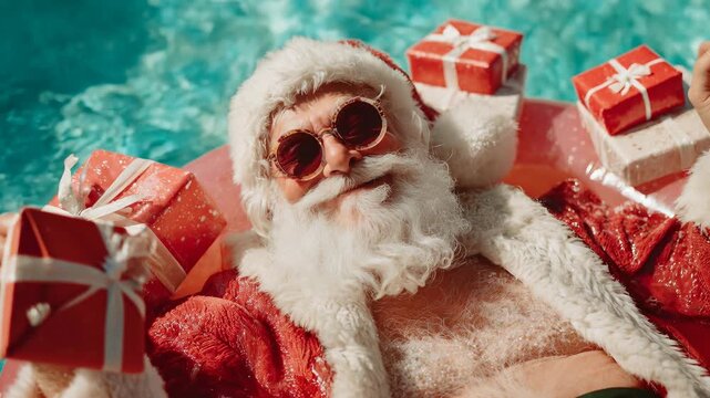 Man dressed as Santa Claus with sunglasses relaxing on an inflatable raft in a swimming pool filled with gift boxes, christmas holiday concept