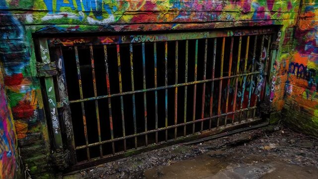 Underground utility network below city concept. Colorful graffiti decorates the entrance to a utility access point with a barred gate.