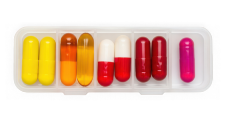 Colorful capsules in pill organizer isolated on transparent background