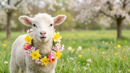 Playful lamb with floral garland in blooming orchard spring season nature photography vibrant green environment close-up view animal innocence and beauty