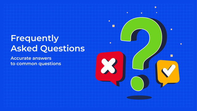 Large green 3d question mark with red and orange speech bubbles containing cross and check icons against blue grid background. Information support concept