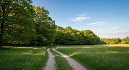 Winding dirt path traverses a vibrant green meadow bordered by dense foliage under a clear blue sky