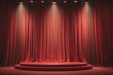 Red stage with rounded platform, lit by spotlights, against a curtain backdrop