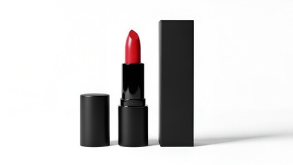A vibrant red lipstick with its black packaging on a white background, showcasing its elegance and allure for cosmetic beauty and makeup artistry
