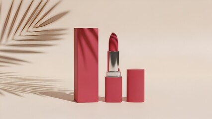 Luxury cosmetics product photography of a vibrant red lipstick with a distinctive marbled pattern, elegantly presented with its case and framed by soft palm leaf shadows