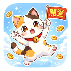 開運フラッグを掲げる招き猫のゆるかわイラスト（ジャンプポーズ）