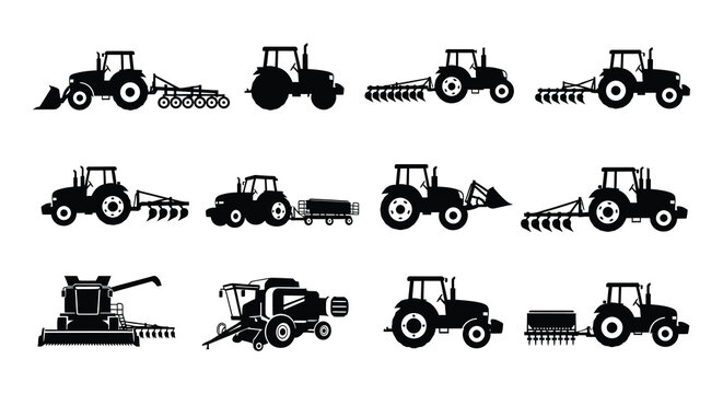 Collection of black silhouette farm machinery and agricultural vehicles