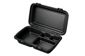 Black bento lunch box with compartments open, preparing for meal storage and healthy food organization