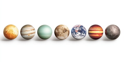 Seven celestial spheres aligned, simulating planets, on a clean, white background