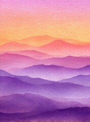 Watercolor painting of layered mountain ridges in shades of purple, pink, and orange