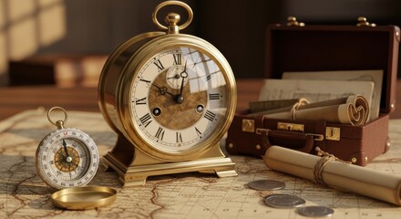 Antique navigation and timekeeping instruments rest upon a vintage map spread across a wooden surface
