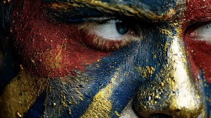 Indian cricket team celebrating golden confetti concept. A face adorned with vibrant colors and glitter, reflecting team spirit and excitement. - Powered by Adobe