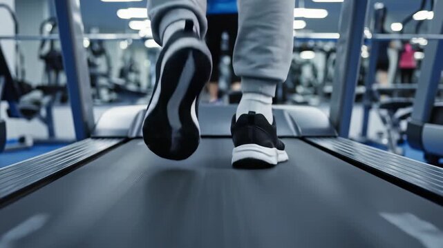 Legs are walking on a moving treadmill in the fitness center. A person is doing light cardio to keep their body in great shape at the Gym.